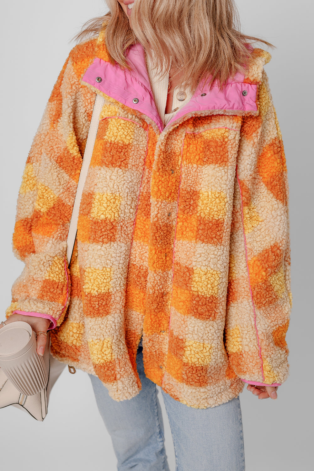 Orange Checkered Sherpa Hooded Jacket