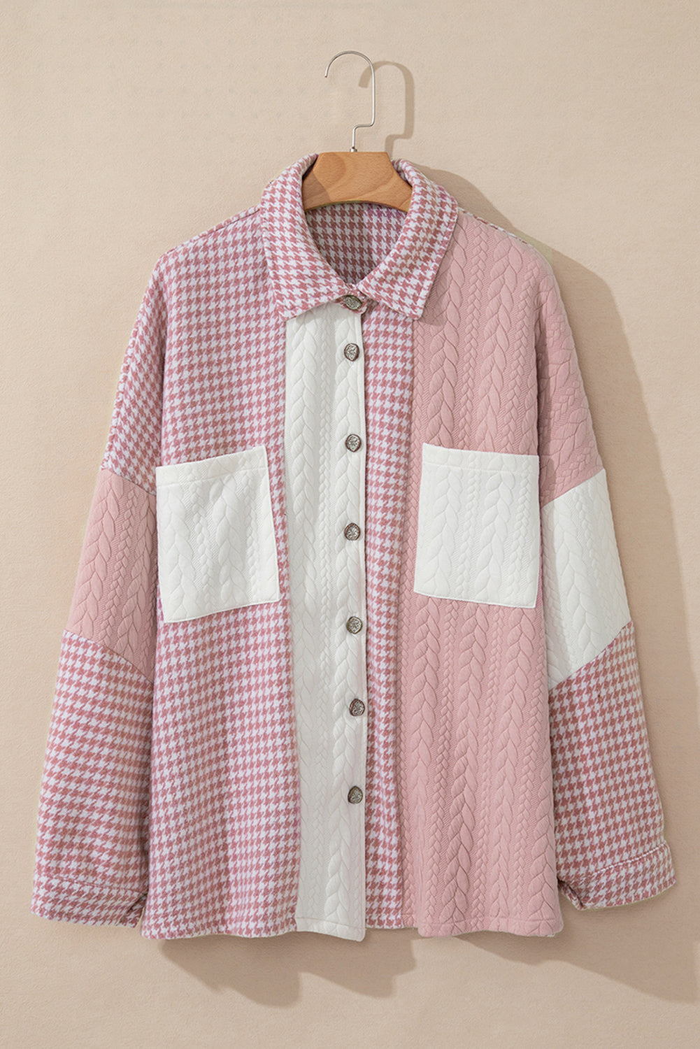 Pink Houndstooth Color Contrast Textured Patchwork Loose Shacket