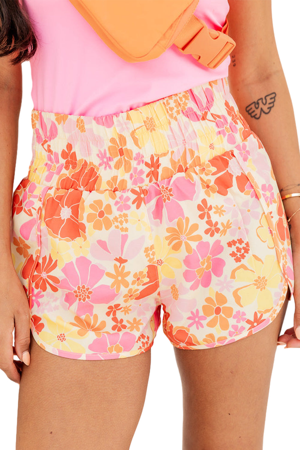 Orange Boho Floral Shirred High Waist Casual Shorts