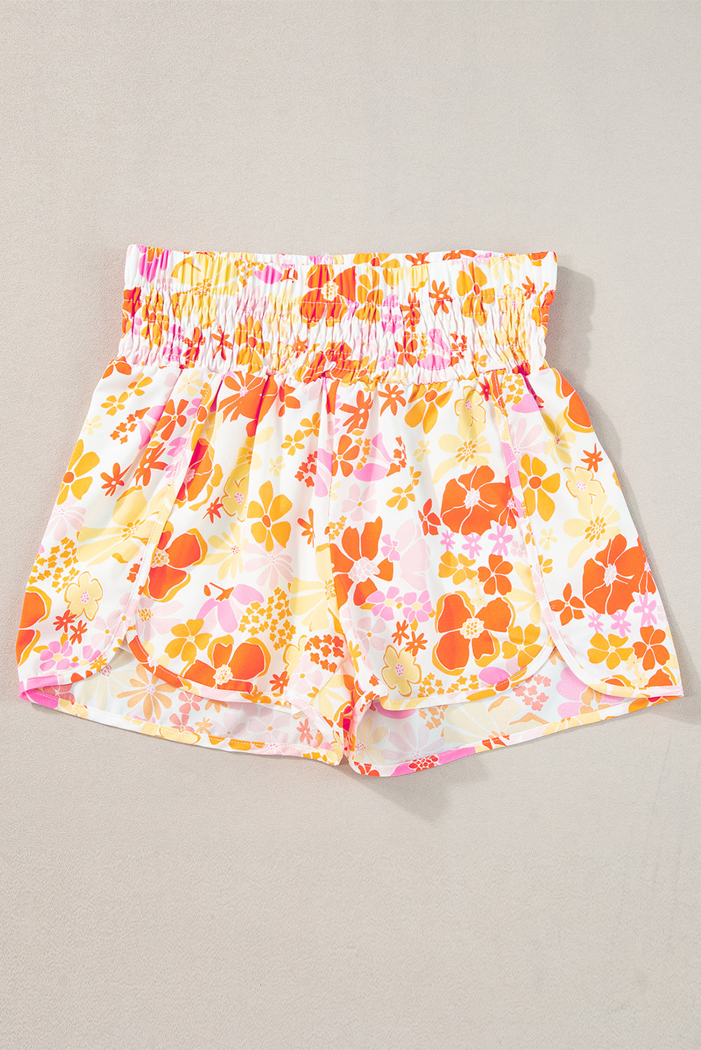 Orange Boho Floral Shirred High Waist Casual Shorts